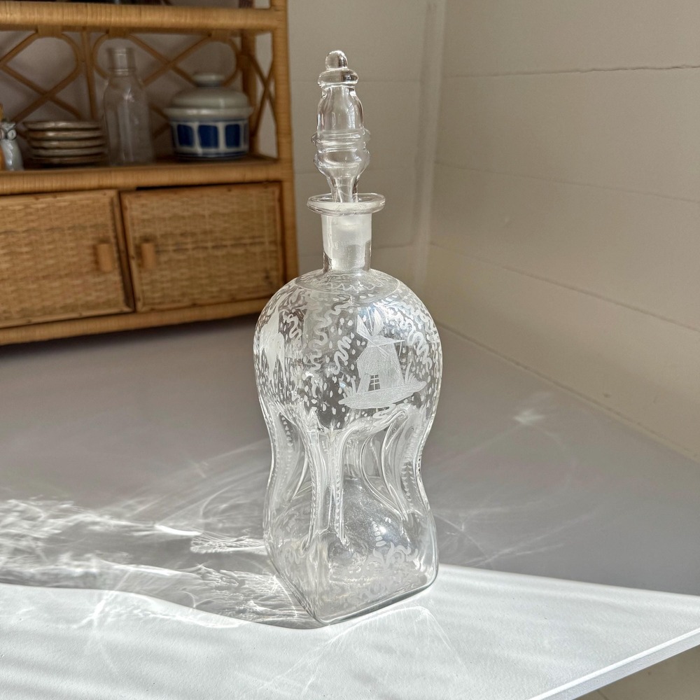 Vintage MCM Glass Decanter, Etched Windmills and Birds, Kluk Kluk bottle